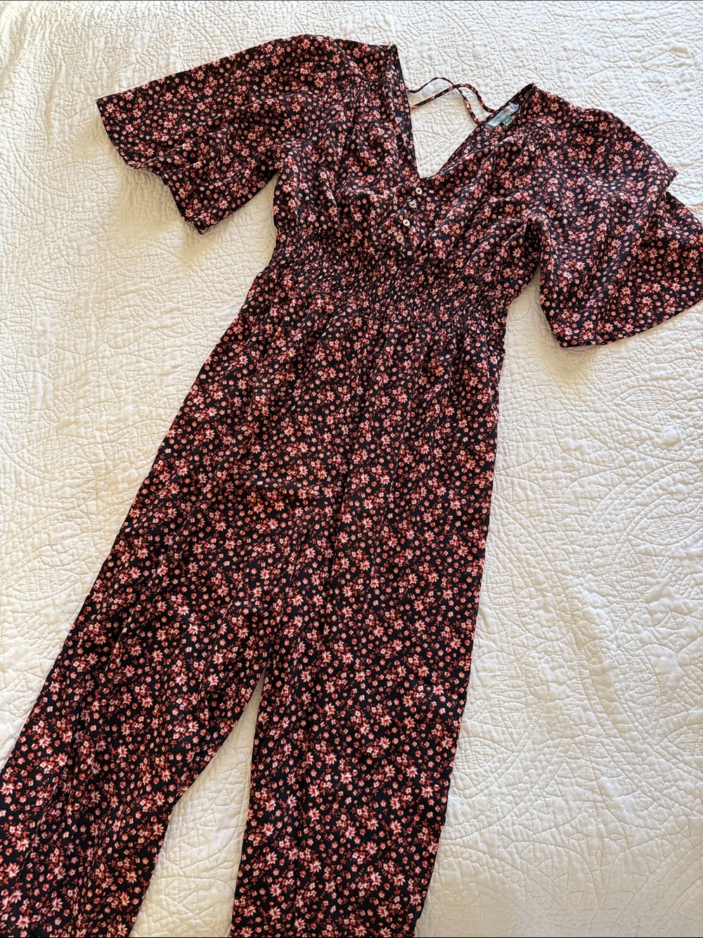 Good Luck Gem Floral V-Neck Smocked Waist Jumpsuit - Orange on Black